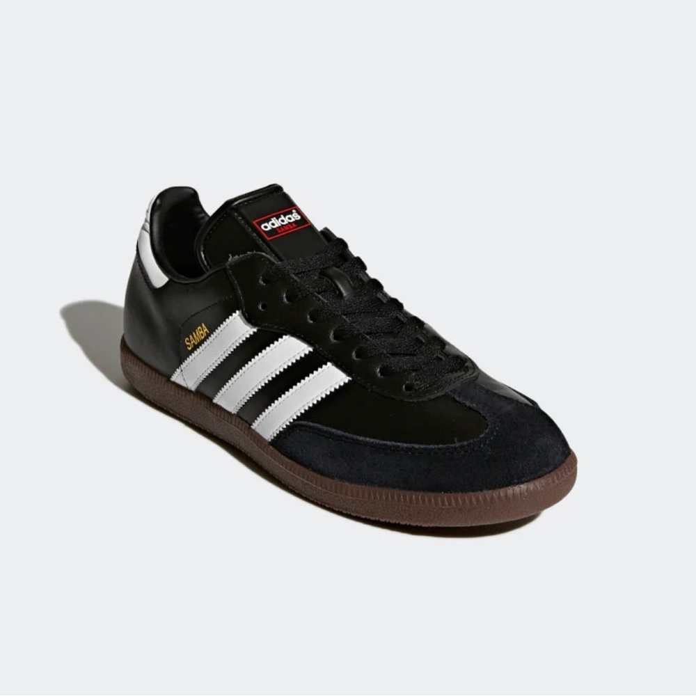 Black leather Adidas Sambas shoes